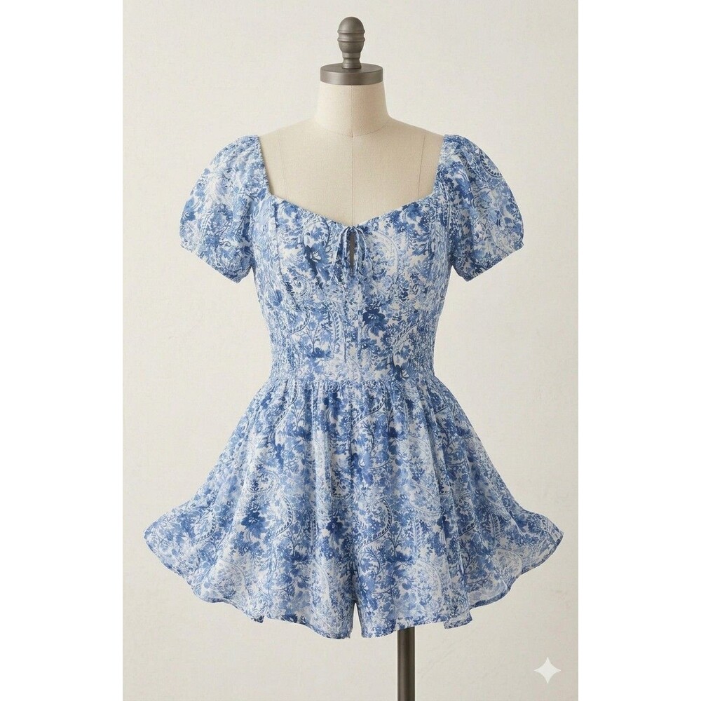 Hollister blue and white floral Short Sleeve romper XL Y2k, 90's, Babydoll